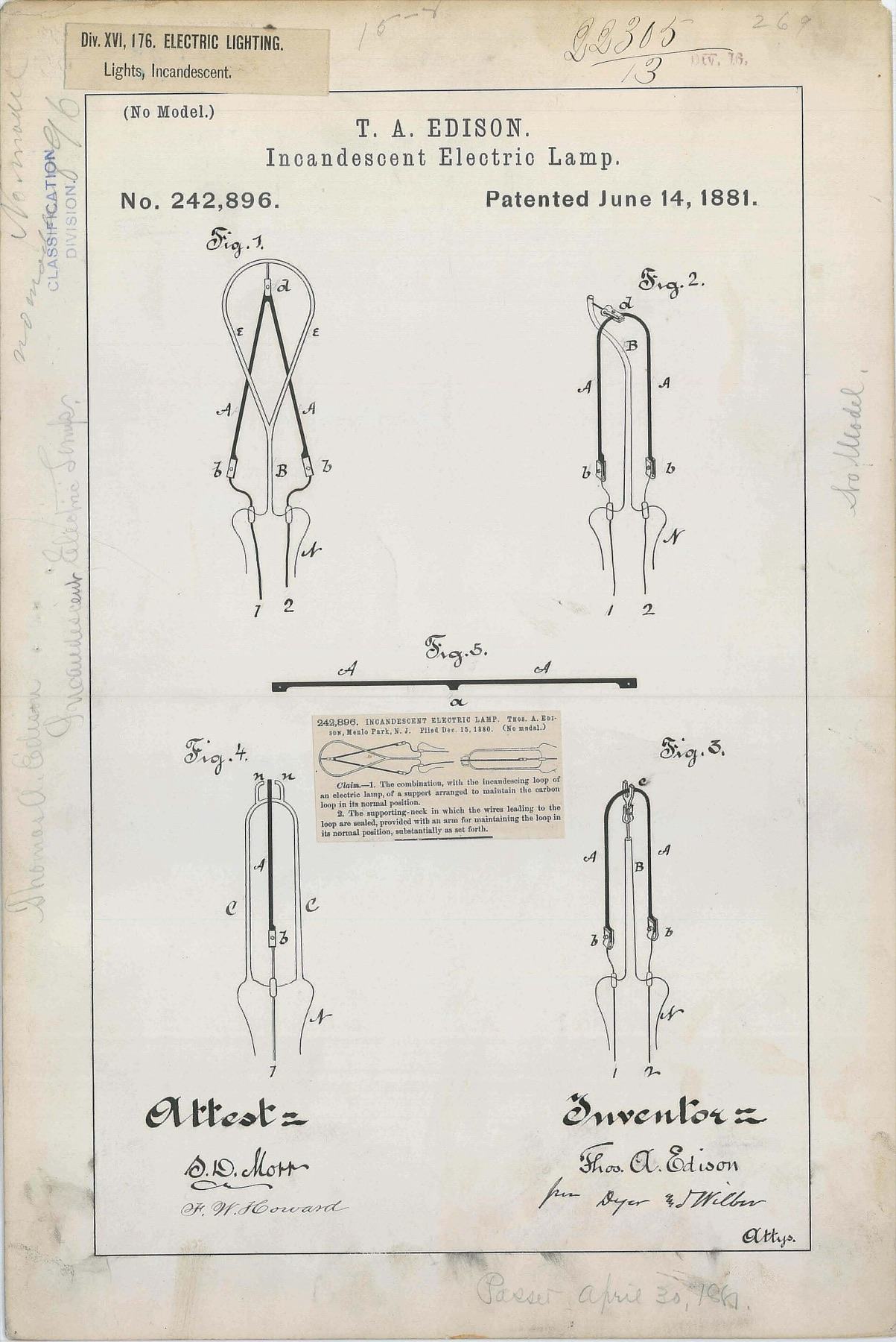 Edison's 1881 patent drawing for an incandescent lamp